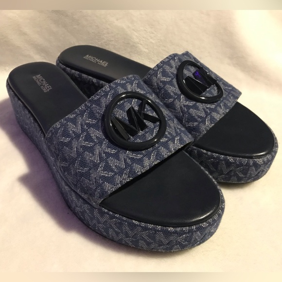 Michael Kors- Women's Denim Blue Sadler Logo Jacquard Wedge Sandle- 9.5 - Picture 1 of 11